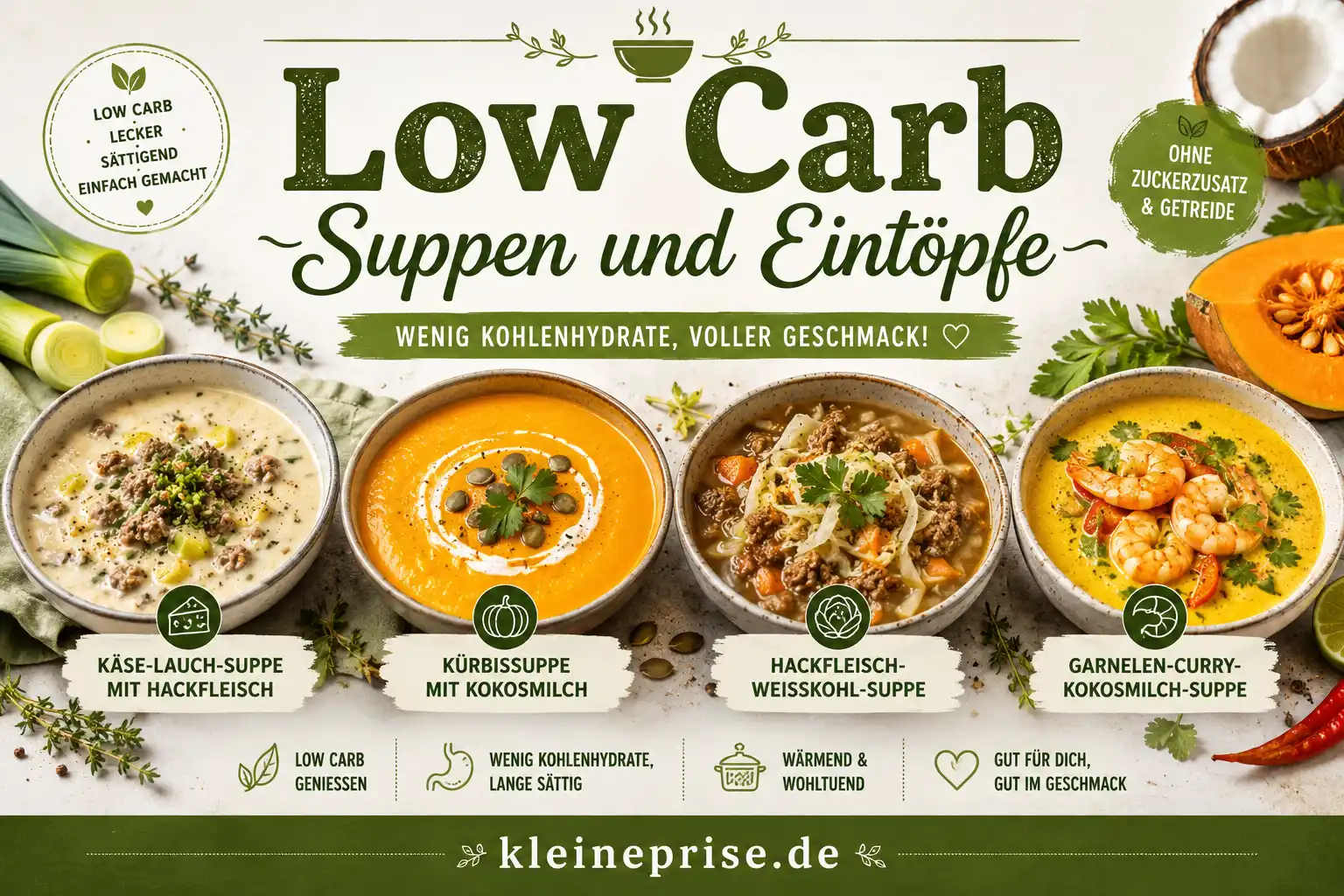 Low Carb Suppen und Eintöpfe Low Carb Suppen und Eintöpfe mit Käse Lauch Suppe, Kürbissuppe, Hackfleisch Weißkohl Suppe und Garnelen Curry Suppe
