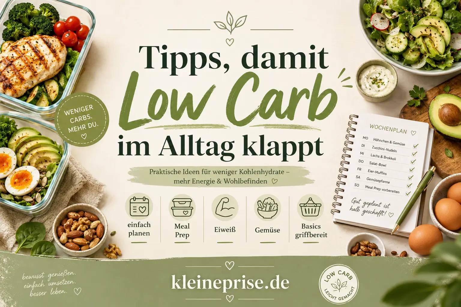 Tipps damit Low Carb im Alltag klappt Tipps damit Low Carb im Alltag klappt mit Meal Prep, Wochenplan, Gemüse, Eiweiß, Nüssen und vorbereiteten Gerichten
