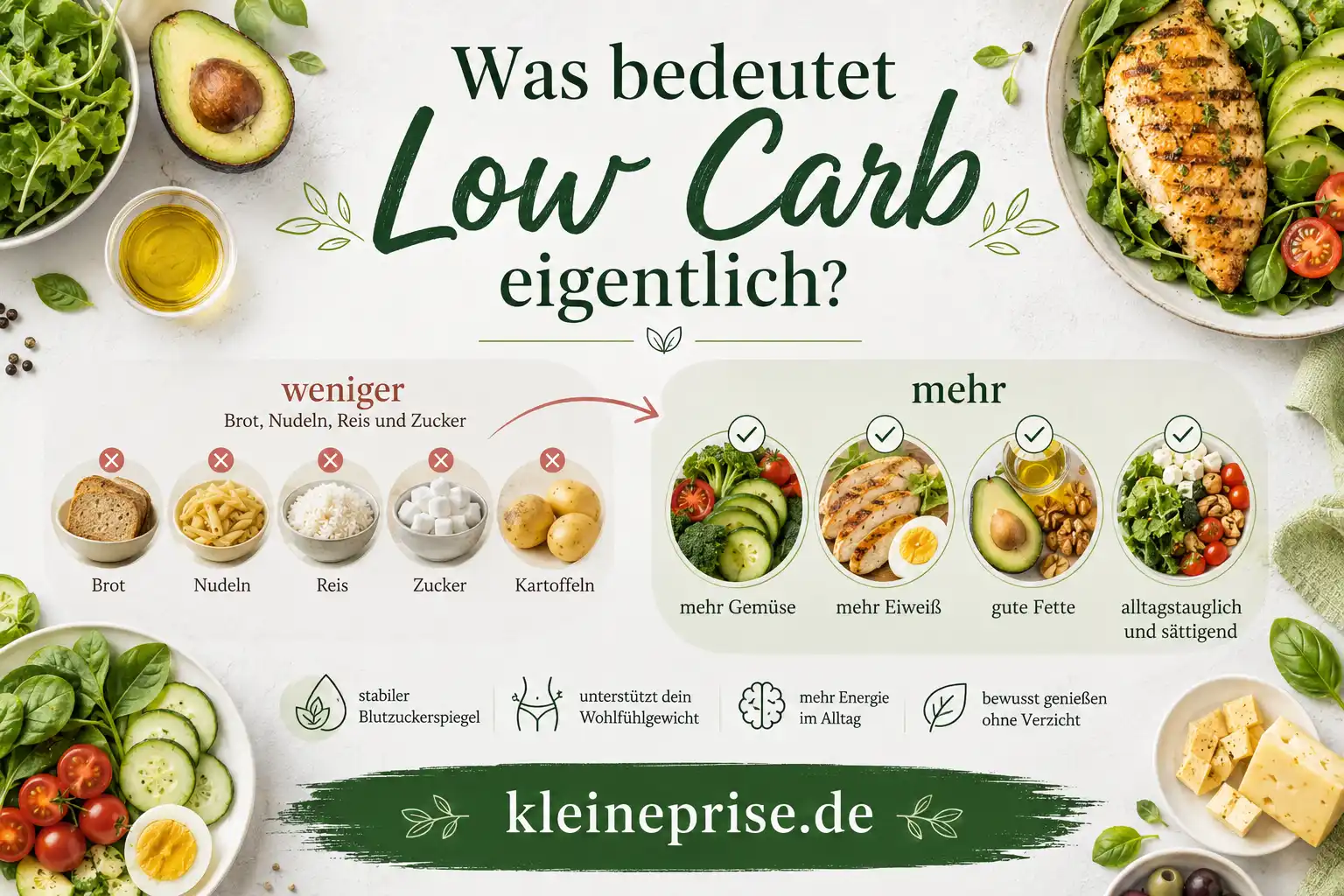 Was bedeutet Low Carb eigentlich Infografik erklärt Low Carb mit weniger Brot, Nudeln, Reis, Zucker und mehr Gemüse, Eiweiß und gesunden Fetten