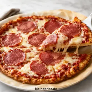 Low Carb Salami Pizza mit einfachem Käseboden Low Carb Salami Pizza mit geschmolzenem Mozzarella und knusprigem Käseboden