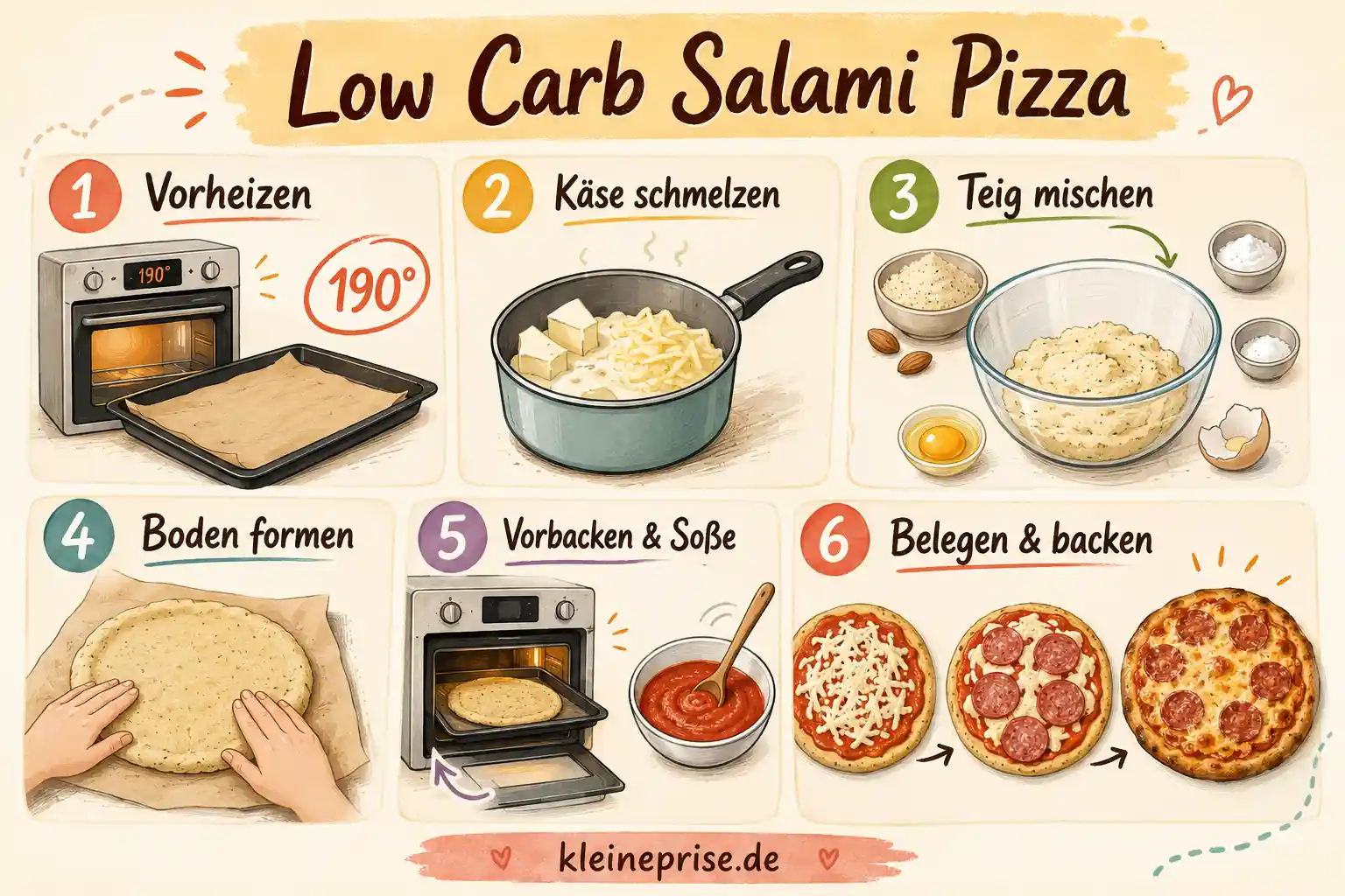 Low Carb Salami Pizza Schritt für Schritt Anleitung Schritt für Schritt Anleitung für Low Carb Salami Pizza in sechs Bildern