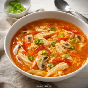 Low Carb Sauer-Scharf-Suppe einfach selber machen Low Carb Sauer Scharf Suppe mit Hähnchen, Champignons, Paprika und Ei in einer weißen Schüssel