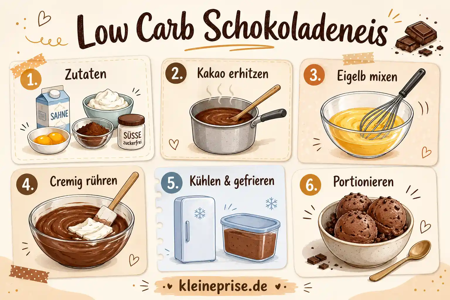 Low Carb Schokoladeneis Schritt für Schritt Schritt für Schritt Anleitung für Low Carb Schokoladeneis mit sechs illustrierten Zubereitungsschritten