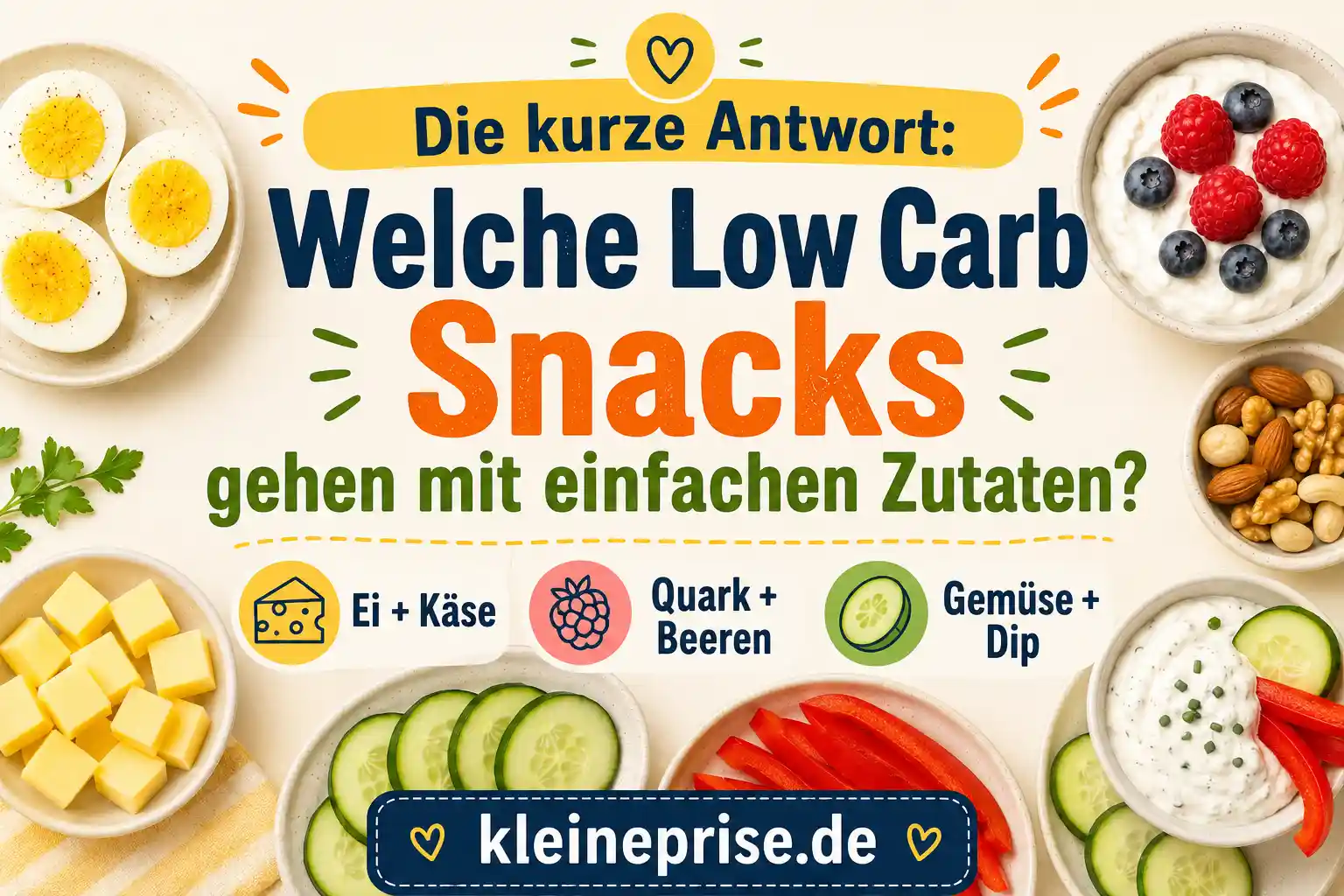 Die kurze Antwort: Welche Low Carb Snacks gehen mit einfachen Zutaten? Infografik erklärt, welche Low Carb Snacks mit einfachen Zutaten gelingen, zum Beispiel Ei mit Käse, Quark mit Beeren und Gemüse mit Dip.