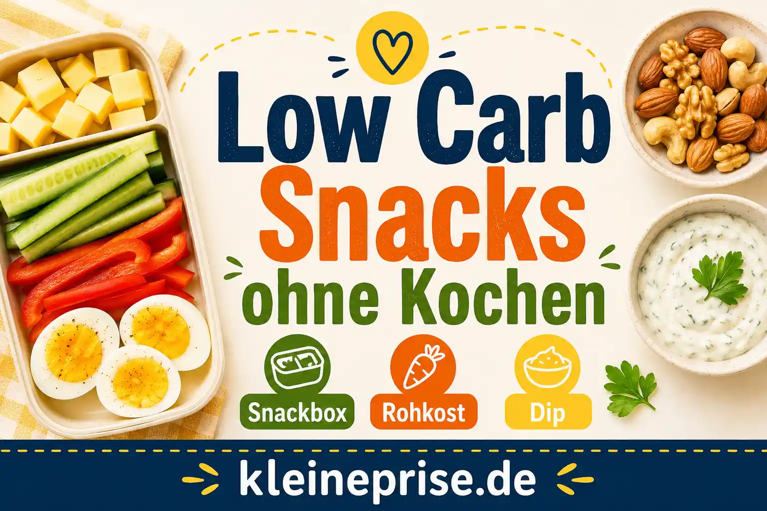 Low Carb Snacks ohne Kochen Infografik zeigt Low Carb Snacks ohne Kochen mit Snackbox, Rohkost, Dip, Käse, Gurke, Paprika, gekochten Eiern und Nüssen.