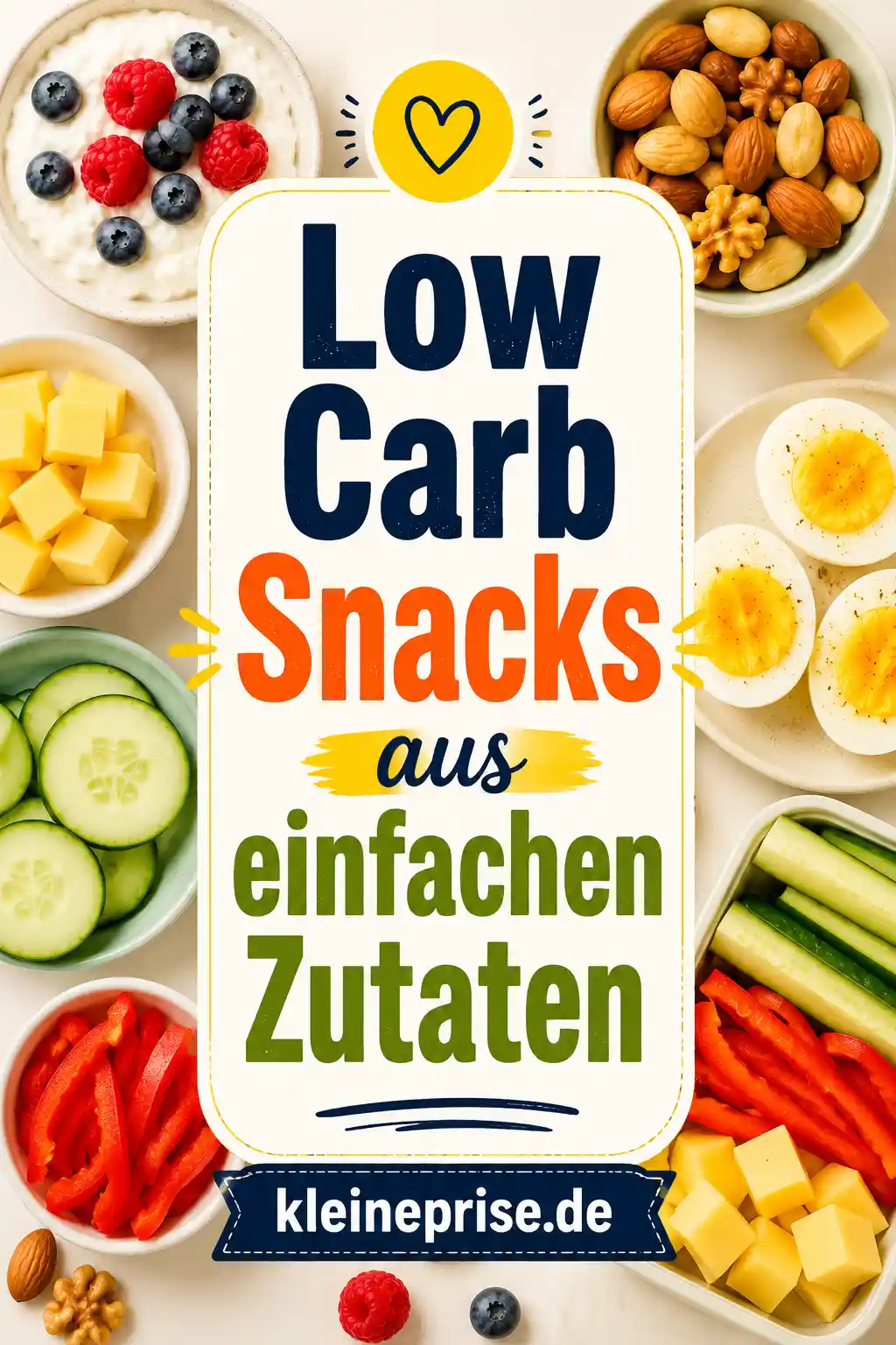 Low Carb Snacks aus einfachen Zutaten Pinterest Pin Pinterest-Grafik mit dem Schriftzug Low Carb Snacks aus einfachen Zutaten, umgeben von gekochten Eiern, Käse, Gurke, Paprika, Quark mit Beeren und Nüssen.