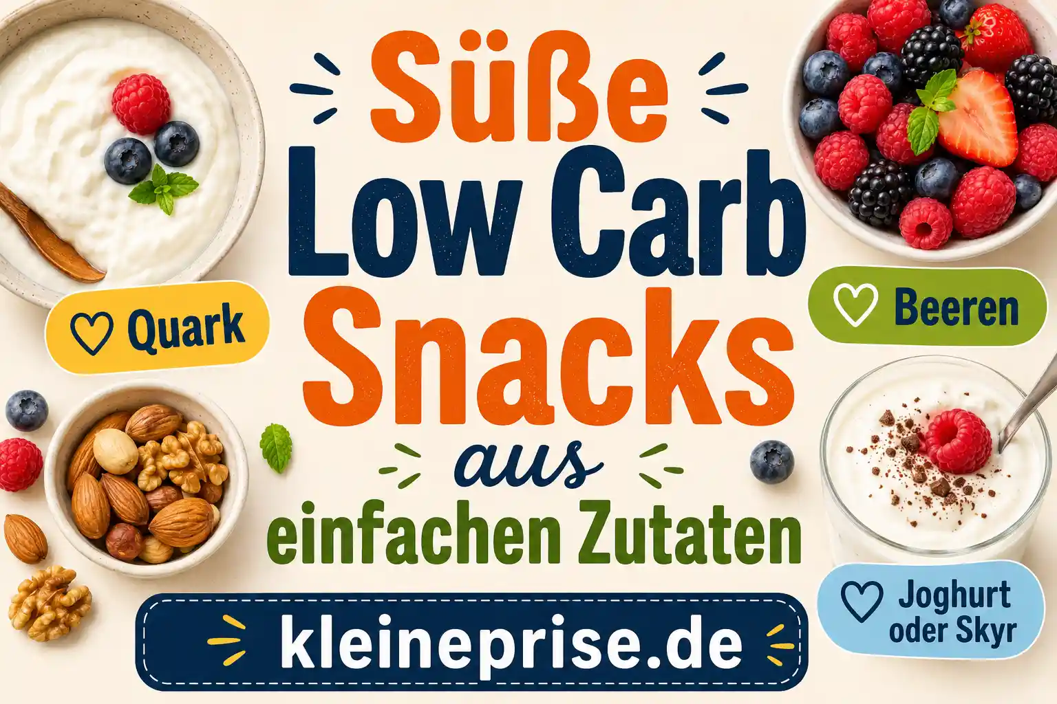 Süße Low Carb Snacks aus einfachen Zutaten Infografik zeigt süße Low Carb Snacks aus einfachen Zutaten mit Quark, Beeren, Joghurt oder Skyr und Nüssen.