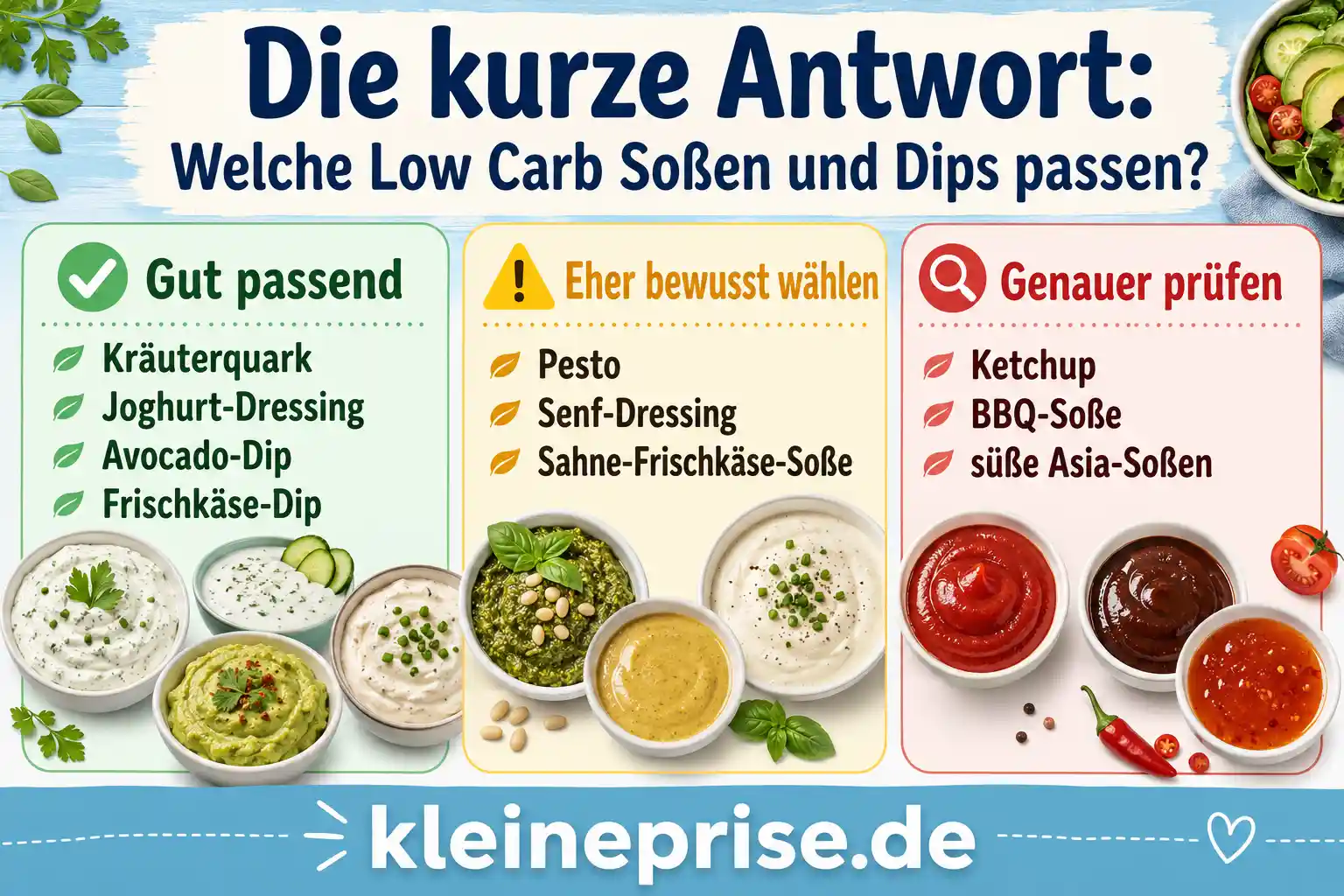 Die kurze Antwort: Welche Low Carb Soßen und Dips passen? Infografik erklärt, welche Low Carb Soßen und Dips gut passen, welche bewusst gewählt werden sollten und welche Fertigsoßen genauer geprüft werden sollten.