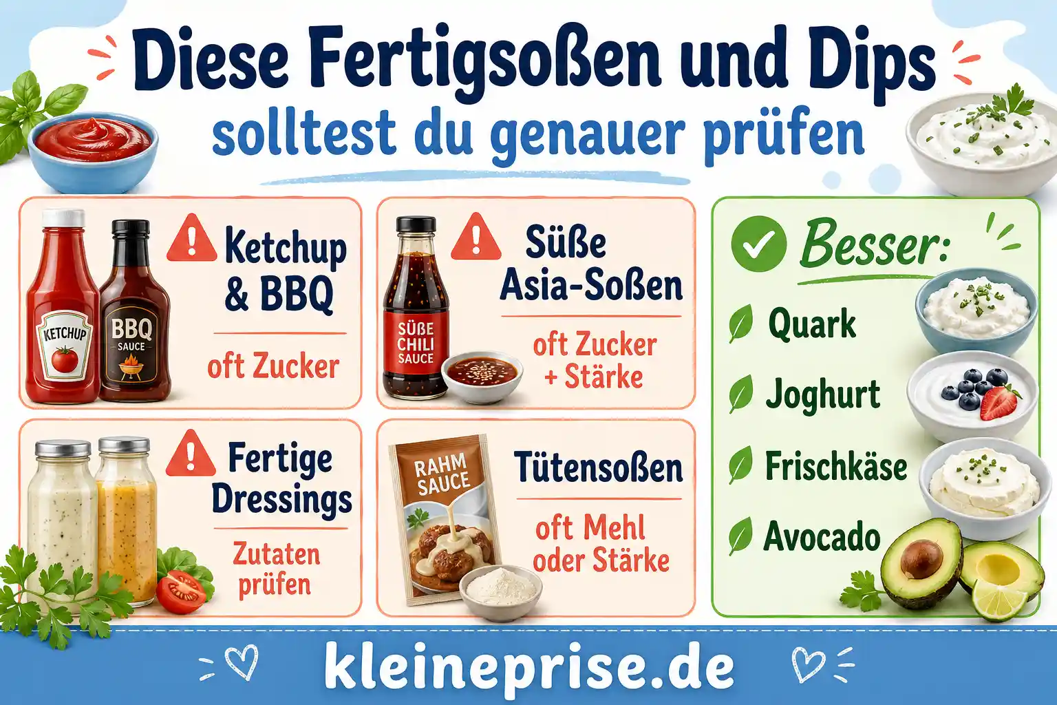 Diese Fertigsoßen und Dips solltest du bei Low Carb genauer prüfen Infografik zeigt Fertigsoßen und Dips, die bei Low Carb genauer geprüft werden sollten, darunter Ketchup, BBQ-Soße, süße Asia-Soßen, fertige Dressings und Tütensoßen.
