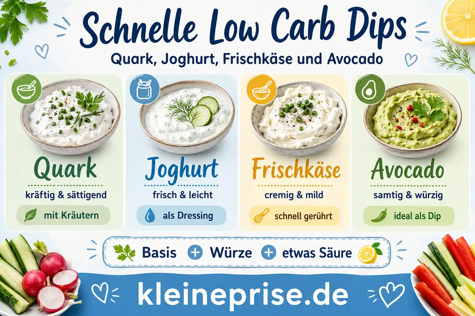Schnelle Low Carb Dips mit Quark Joghurt Frischkäse und Avocado Infografik zeigt schnelle Low Carb Dips aus Quark, Joghurt, Frischkäse und Avocado mit einfachen Einsatzideen für den Alltag.