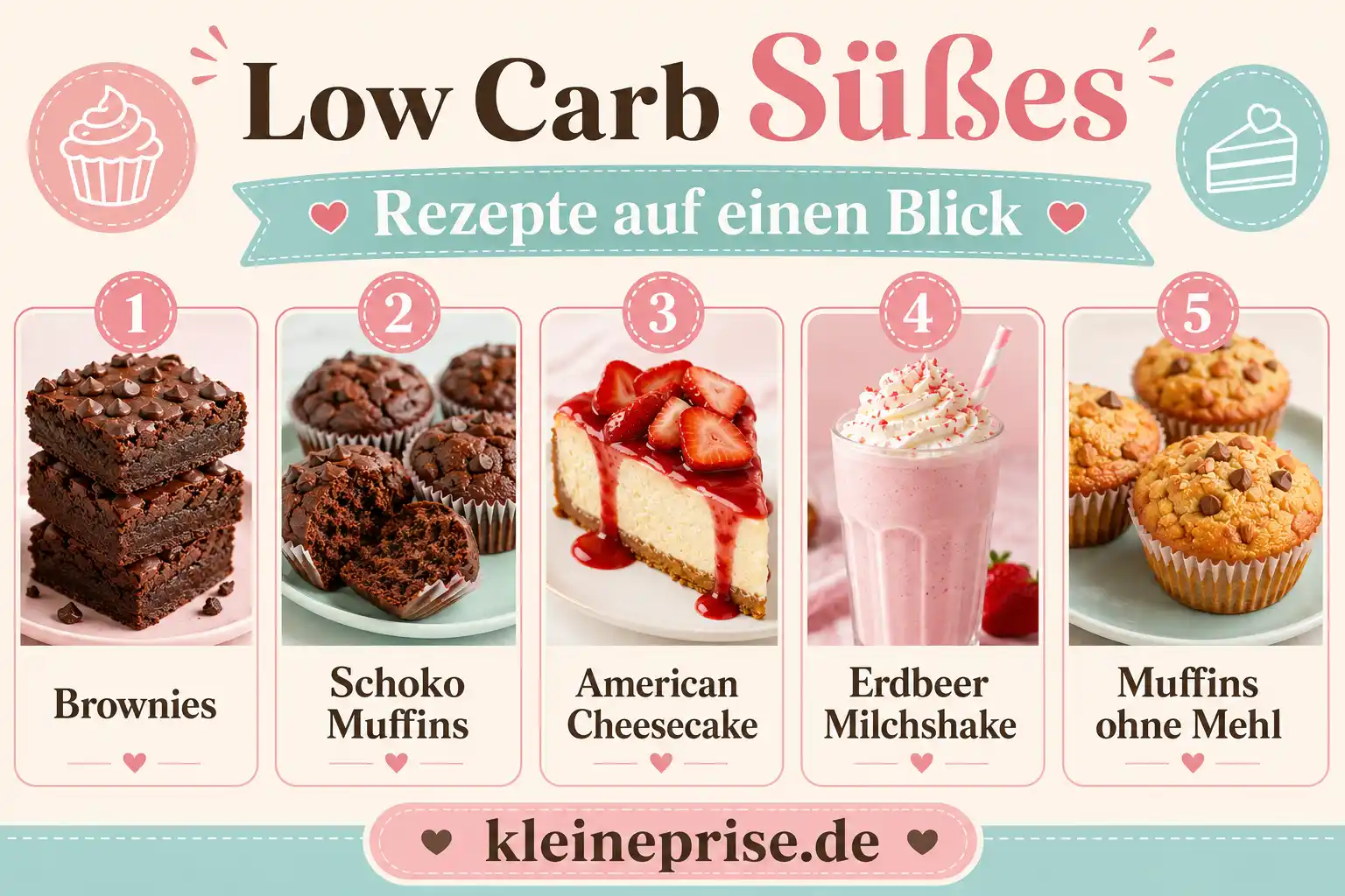 Low Carb Süßes Rezepte auf einen Blick Infografik Low Carb Süßes Rezepte auf einen Blick mit Brownies, Schoko Muffins, American Cheesecake, Erdbeer Milchshake und Muffins ohne Mehl