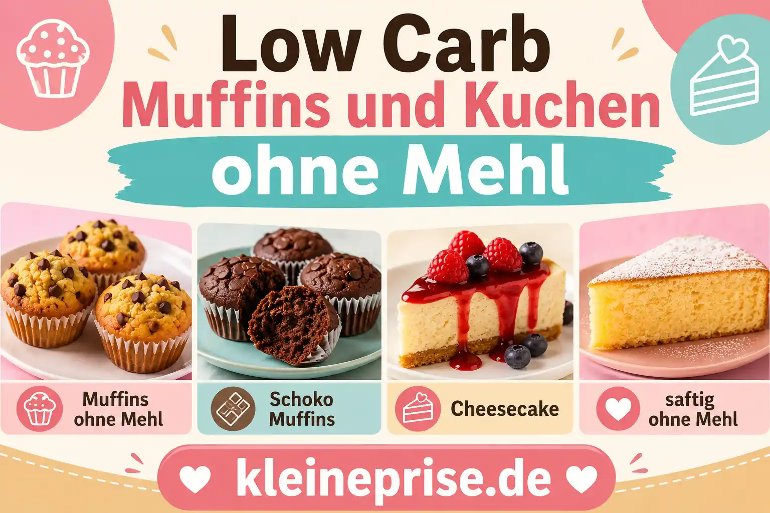Low Carb Muffins und Kuchen ohne Mehl Infografik Low Carb Muffins und Kuchen ohne Mehl mit Schoko Muffins, Muffins ohne Mehl, Cheesecake und saftigem Kuchen