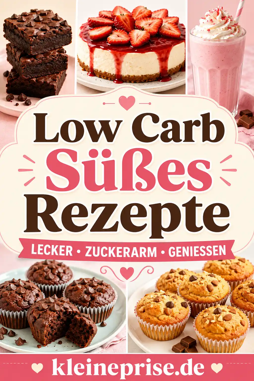 Low Carb Süßes Rezepte für Pinterest Pinterest Bild Low Carb Süßes Rezepte mit Brownies, Cheesecake, Erdbeer Milchshake, Schoko Muffins und Muffins ohne Mehl
