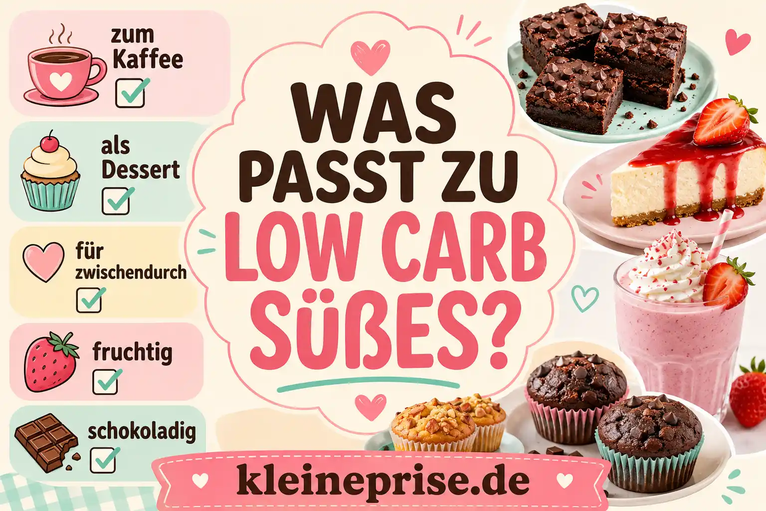 Was passt zu Low Carb Süßes? Infografik Was passt zu Low Carb Süßes mit Brownies, Cheesecake, Erdbeer Milchshake, Muffins und süßen Low Carb Ideen
