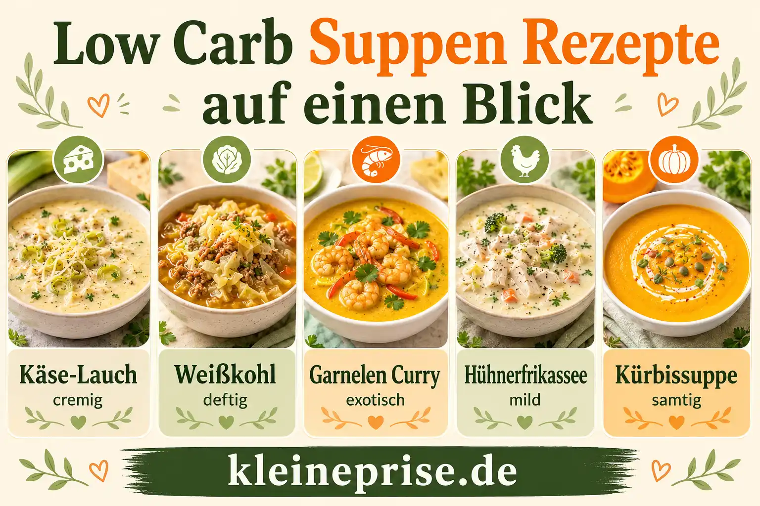 Low Carb Suppen Rezepte auf einen Blick Infografik Low Carb Suppen Rezepte auf einen Blick mit Käse-Lauch, Weißkohl, Garnelen Curry, Hühnerfrikassee und Kürbissuppe
