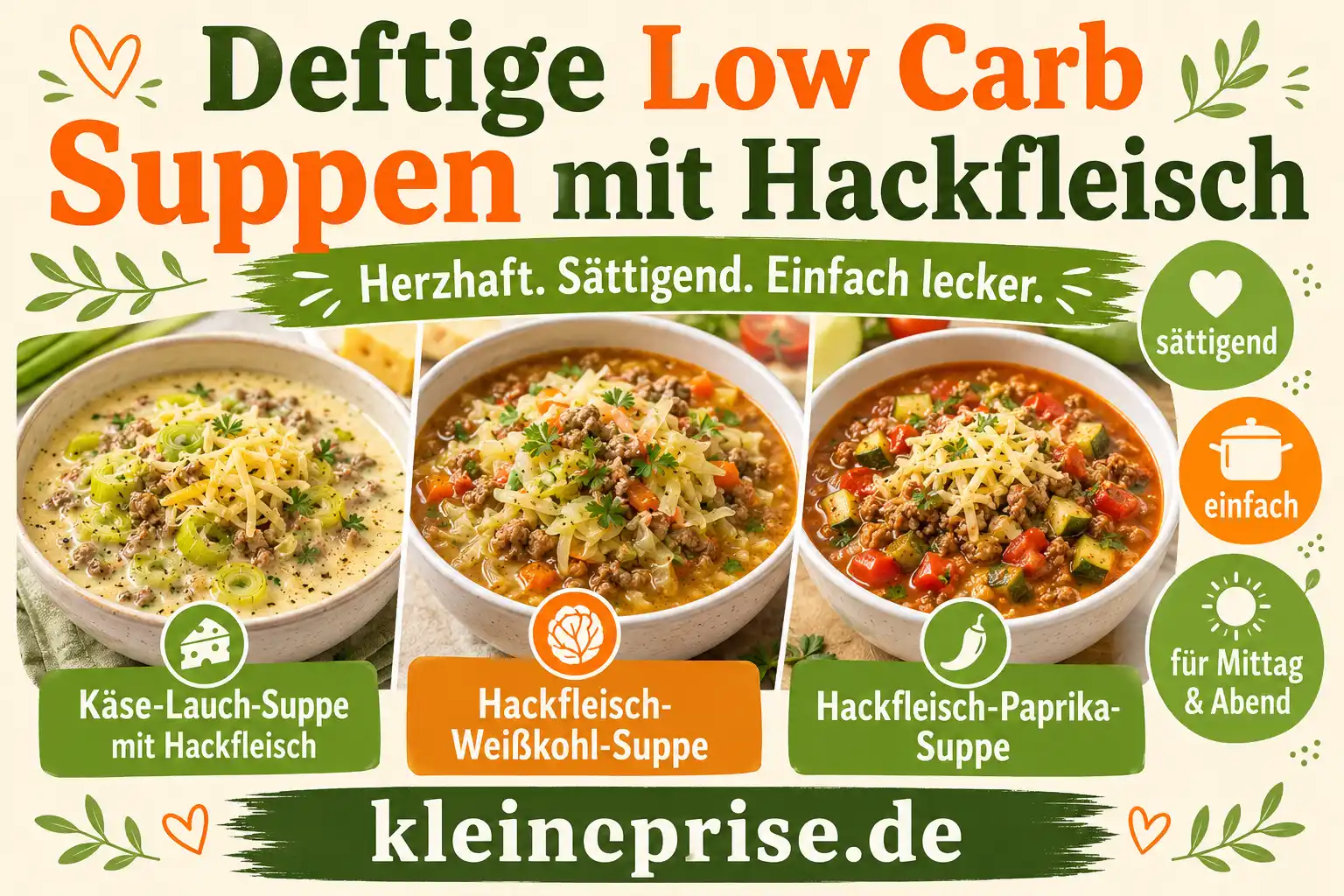Deftige Low Carb Suppen mit Hackfleisch Infografik Deftige Low Carb Suppen mit Hackfleisch mit Käse-Lauch-Suppe, Hackfleisch-Weißkohl-Suppe und würziger Hackfleischsuppe