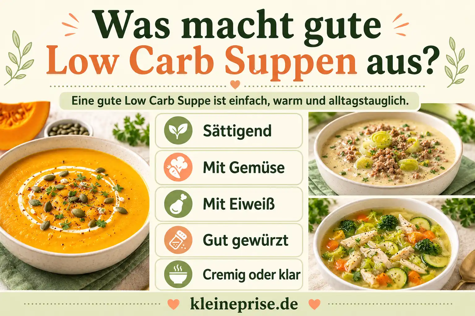Was macht gute Low Carb Suppen aus? Infografik Was macht gute Low Carb Suppen aus mit Tipps zu Gemüse, Eiweiß, Würze, Sättigung und cremiger oder klarer Brühe