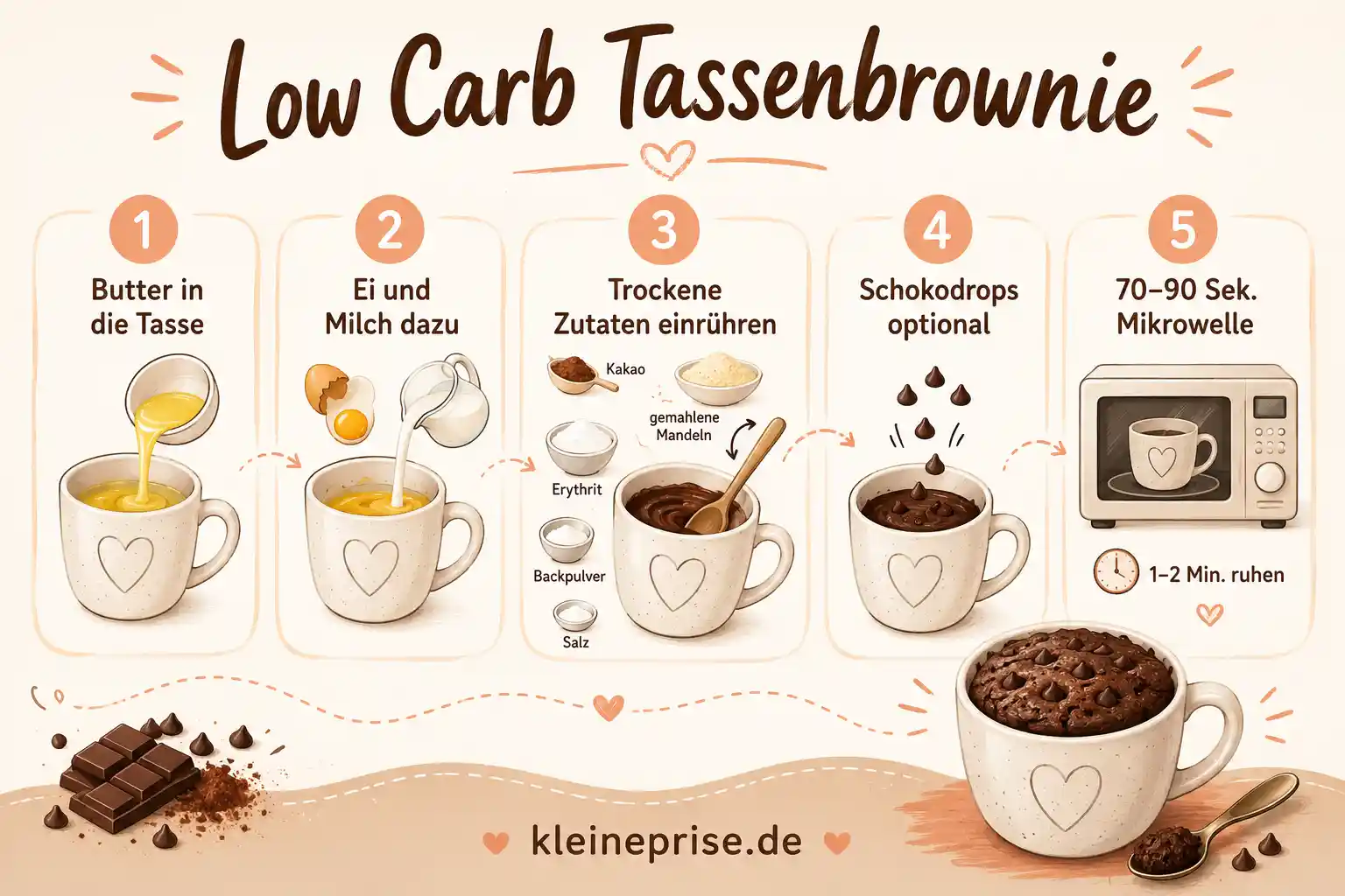 Low Carb Tassenbrownie Schritt für Schritt Schritt für Schritt Grafik für Low Carb Tassenbrownie mit Zutaten und Mikrowellenzeit