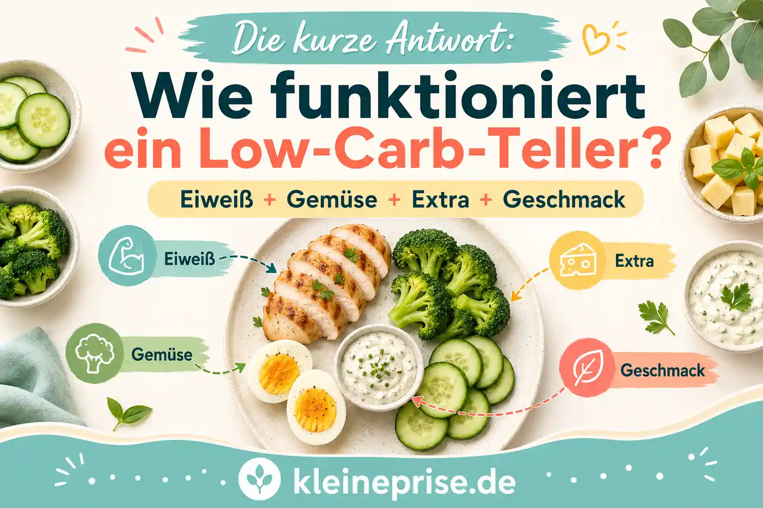 Die kurze Antwort – Wie funktioniert ein Low-Carb-Teller? Infografik zur Frage, wie ein Low-Carb-Teller funktioniert, mit Eiweiß, Gemüse, Extra, Geschmack, Hähnchen, Eiern, Brokkoli, Gurke und Dip