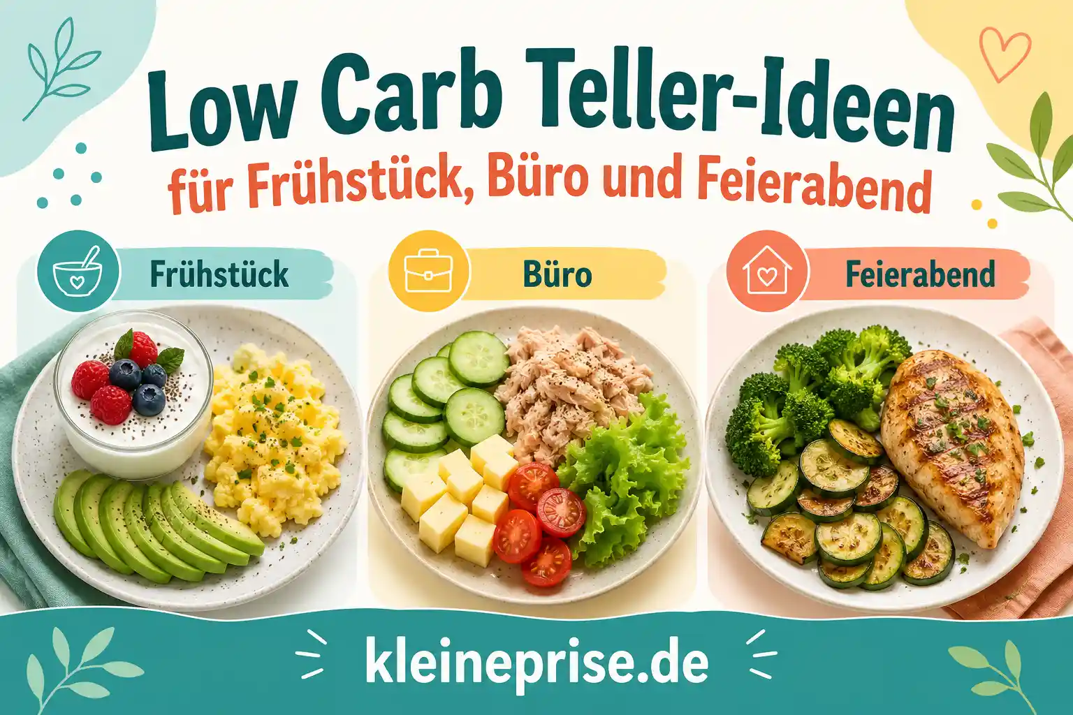 Low Carb Teller-Ideen für Frühstück, Büro und Feierabend Infografik mit Low Carb Teller-Ideen für Frühstück, Büro und Feierabend mit Eier-Teller, kaltem Büro-Teller und warmem Feierabend-Teller