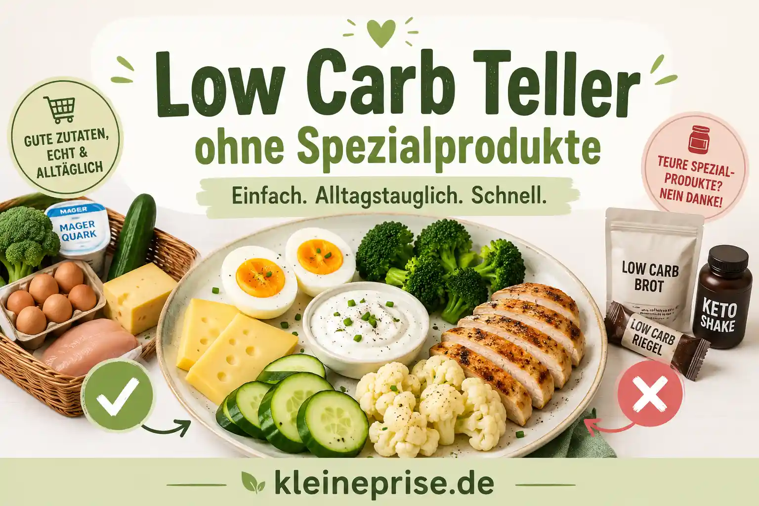 Low Carb Teller ohne Spezialprodukte Infografik zu Low Carb Teller ohne Spezialprodukte mit normalen Supermarkt-Zutaten wie Eiern, Gurke, Brokkoli, Käse, Quark-Dip, Hähnchen und Blumenkohl