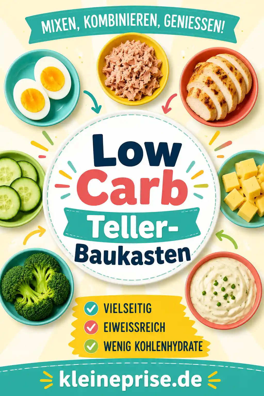 Low Carb Teller-Baukasten – Pinterest Bild Pinterest-Grafik zum Low Carb Teller-Baukasten mit großer Überschrift, Eiern, Hähnchen, Thunfisch, Gurke, Brokkoli, Käse und Dip