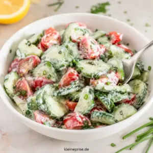 Low Carb Tomaten-Gurken Salat mit cremigem Joghurtdressing Low Carb Tomaten Gurken Salat mit cremigem Joghurtdressing in einer weißen Schüssel