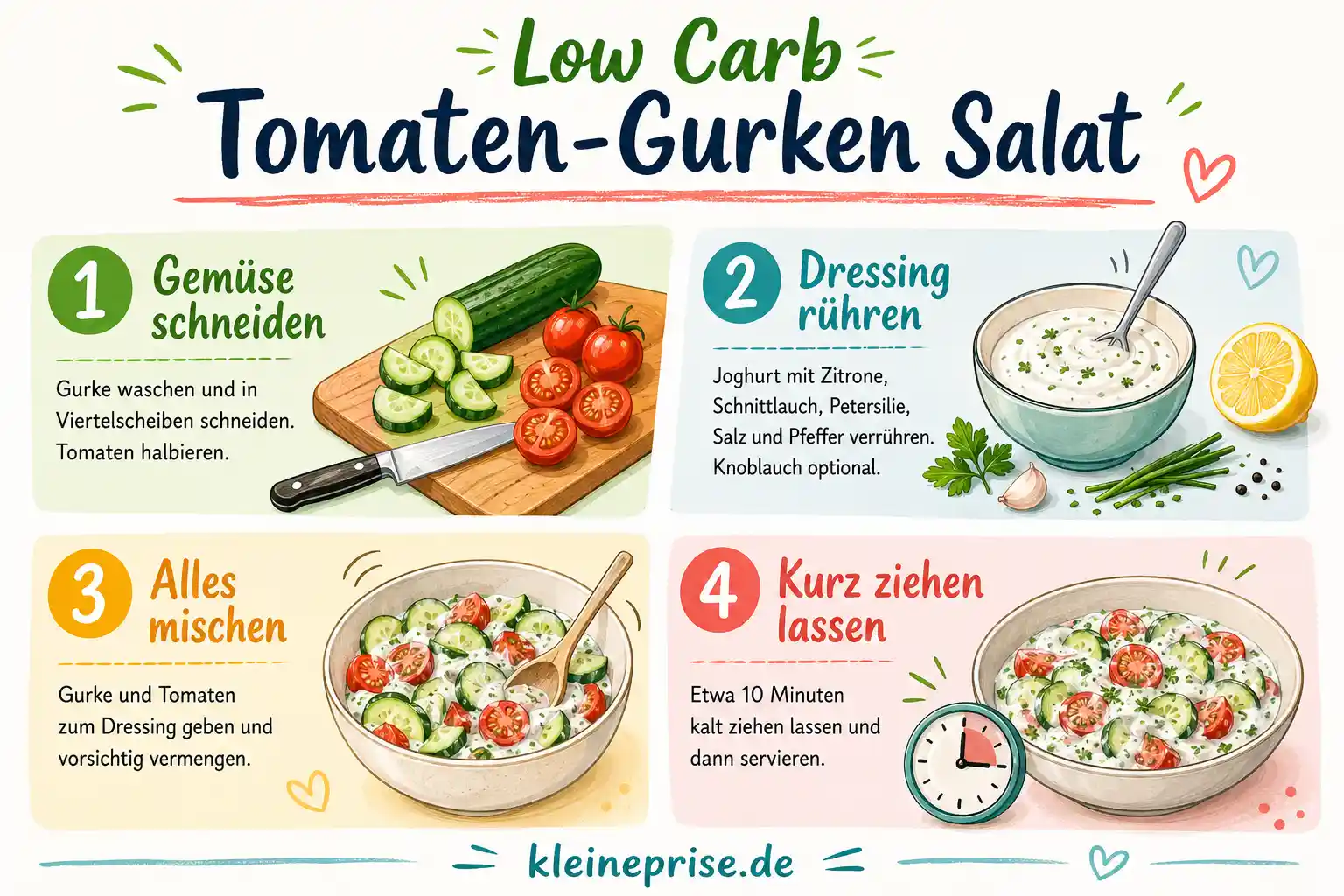 Low Carb Tomaten Gurken Salat Schritt für Schritt Schritt für Schritt Grafik für Low Carb Tomaten Gurken Salat mit vier Zubereitungsschritten