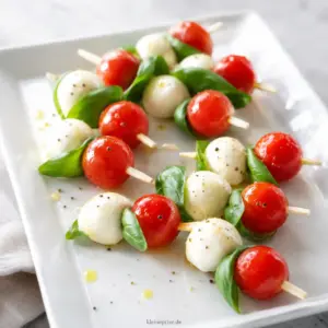 Low Carb Tomaten-Mozzarella-Spieße einfach und schnell Low Carb Tomaten Mozzarella Spieße mit Cocktailtomaten, Mini Mozzarella und Basilikum auf einem hellen Teller