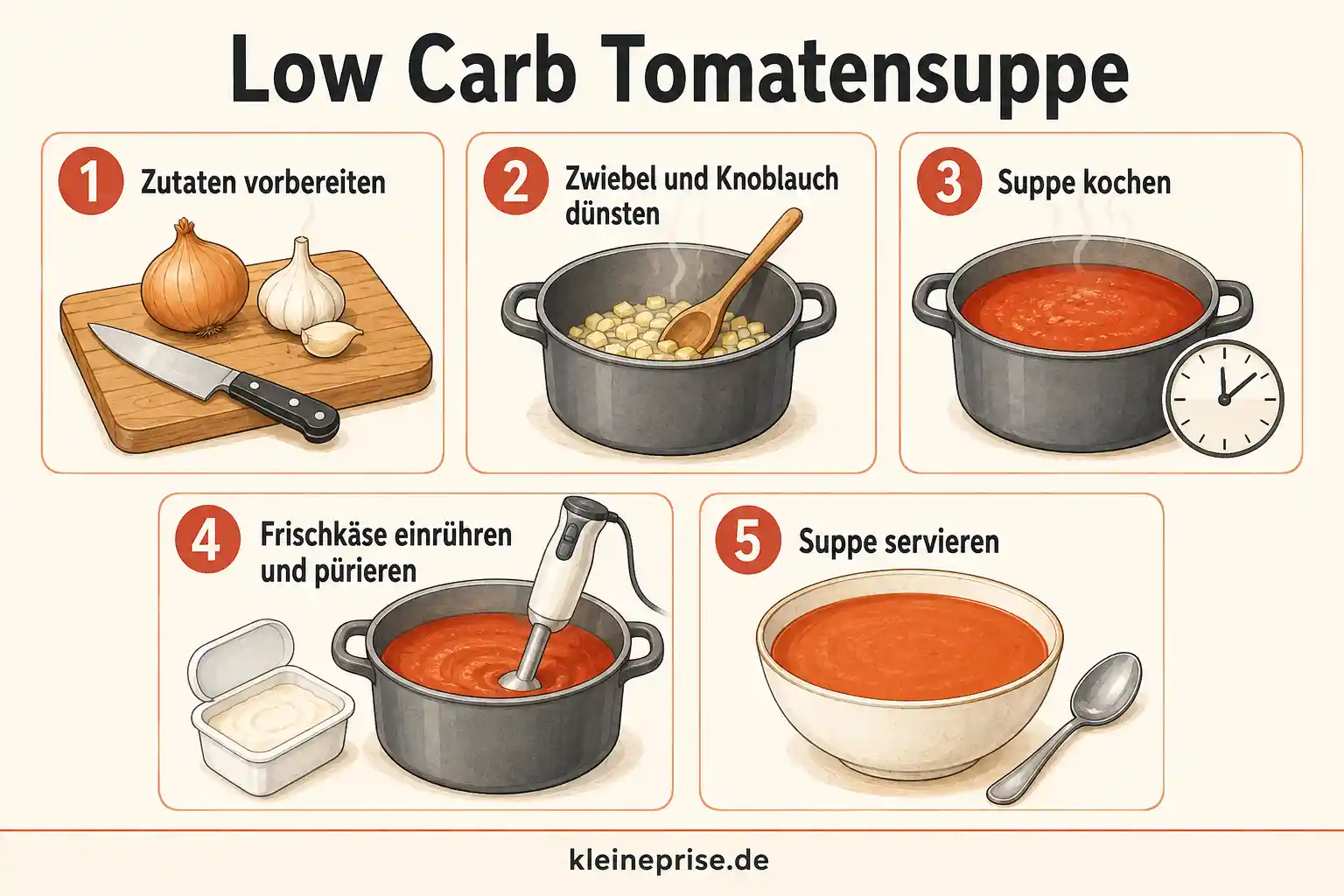 Low Carb Tomatensuppe Schritt für Schritt Anleitung Illustrierte Anleitung für Low Carb Tomatensuppe mit fünf Schritten vom Vorbereiten bis zum Servieren