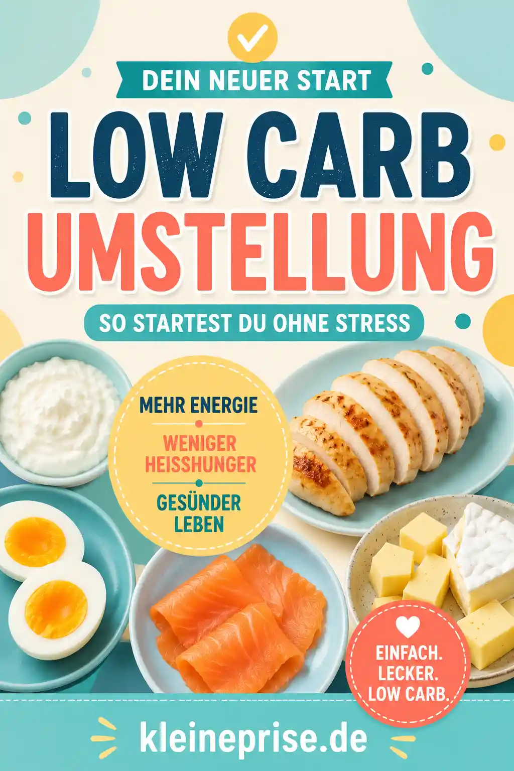 Low Carb Umstellung Pinterest Pin Pinterest-Grafik mit dem Schriftzug Low Carb Umstellung und dem Webseitennamen kleineprise.de.