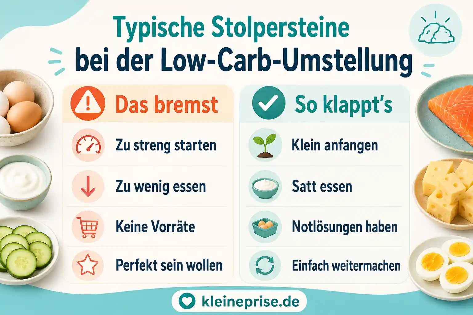 Typische Stolpersteine bei der Low-Carb-Umstellung Infografik zeigt typische Stolpersteine bei der Low-Carb-Umstellung und einfache Lösungen.