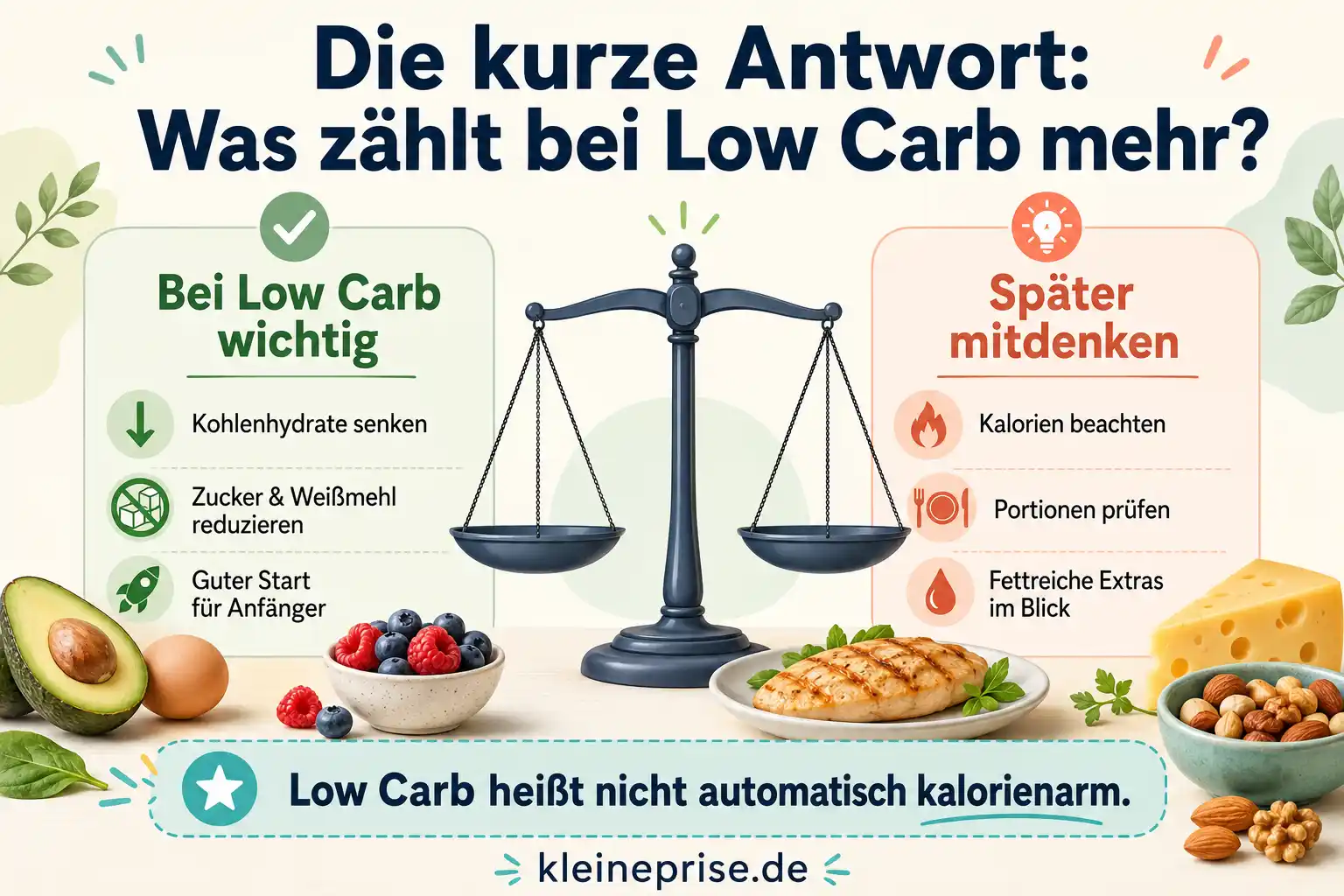 Die kurze Antwort was zählt bei Low Carb mehr Infografik erklärt kurz, was bei Low Carb mehr zählt: zuerst Kohlenhydrate reduzieren und später bei Bedarf Kalorien und Portionsgrößen mitdenken.