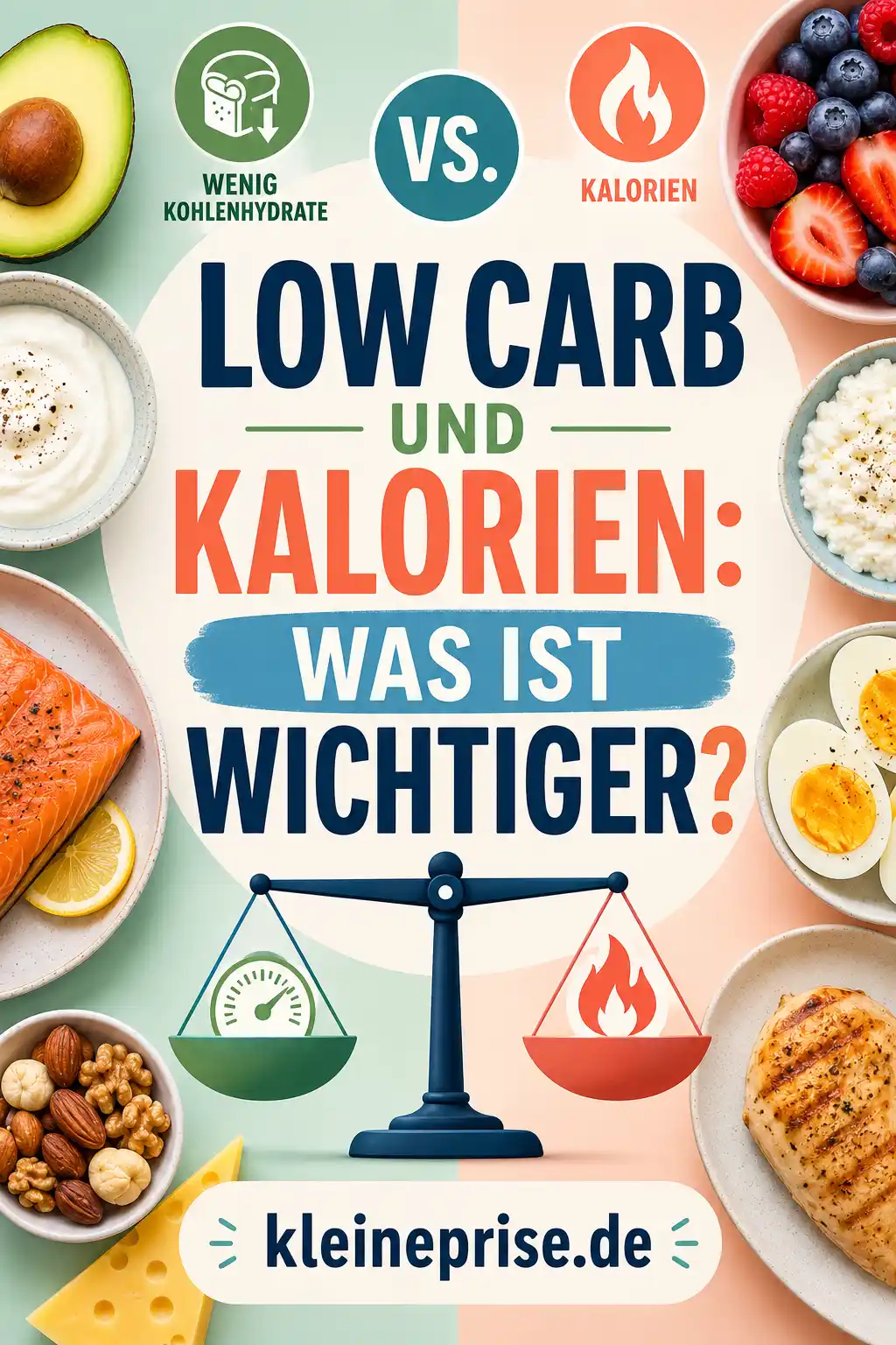 Low Carb und Kalorien Pinterest Grafik Pinterest-Grafik zum Thema „Low Carb und Kalorien: Was ist wichtiger?“ mit auffälligem Schriftzug, heller Gestaltung, Waage-Symbol und Low-Carb-Lebensmitteln wie Ei, Lachs, Käse, Nüssen und Beeren.