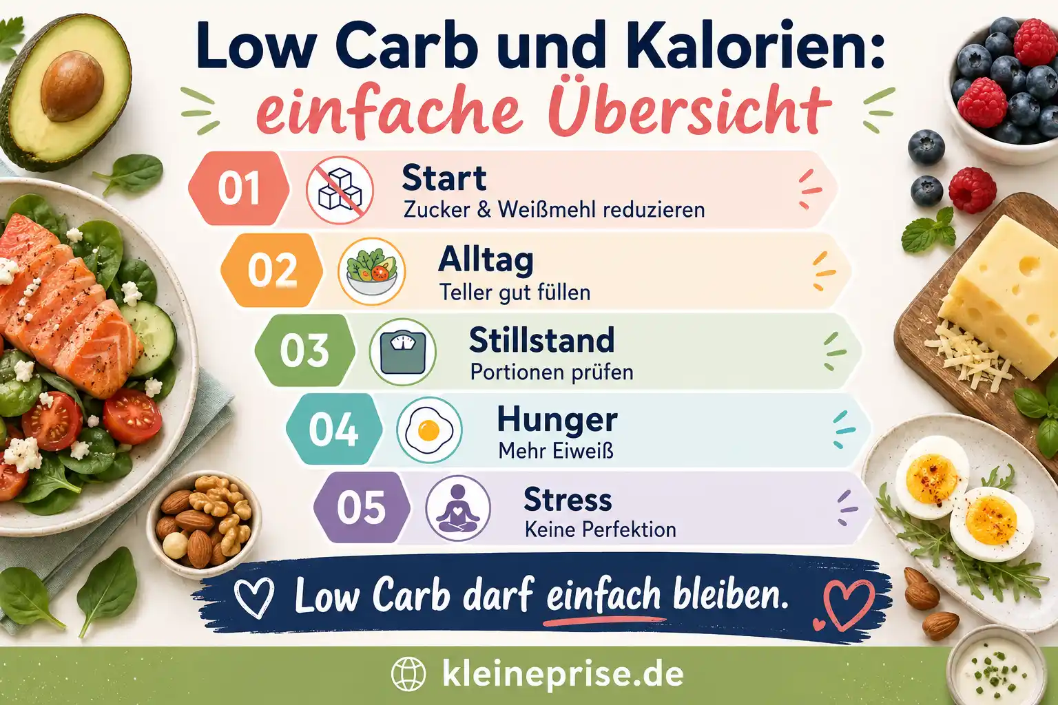 Low Carb und Kalorien einfache Übersicht Infografik zeigt eine einfache Übersicht zu Low Carb und Kalorien: beim Start Kohlenhydrate zuerst, beim Abnehmen Kalorien mitdenken, bei Hunger mehr Eiweiß und Gemüse.