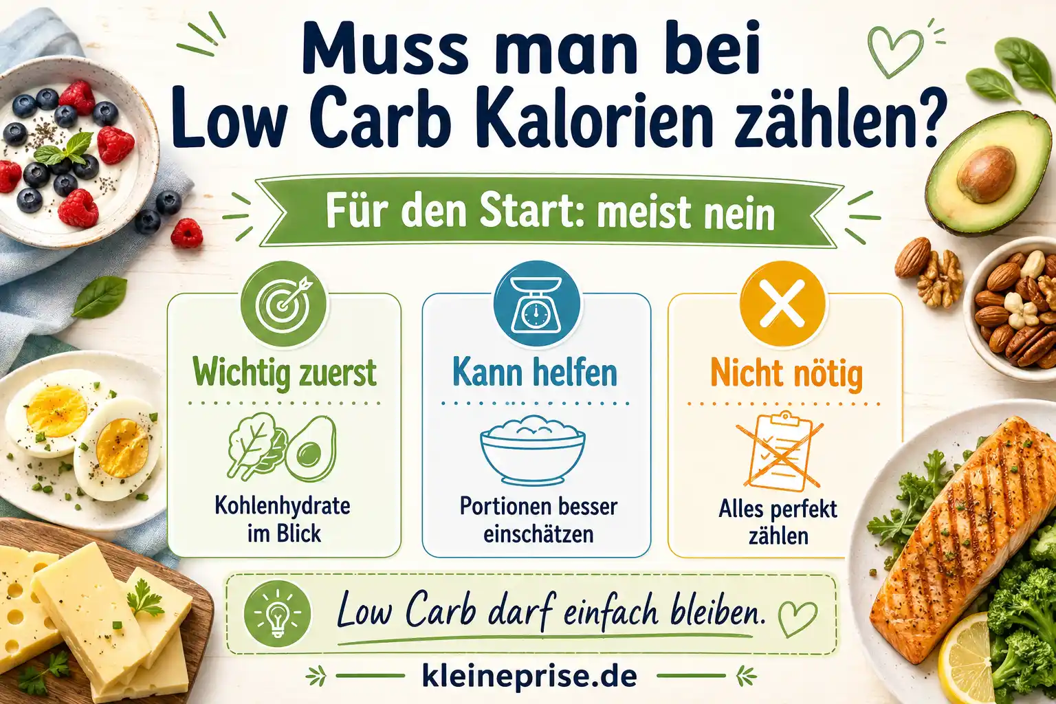 Muss man bei Low Carb Kalorien zählen Infografik zur Frage, ob man bei Low Carb Kalorien zählen muss: meist nicht zwingend, oft reicht am Anfang weniger Zucker, weniger Weißmehl und kleinere Beilagen.