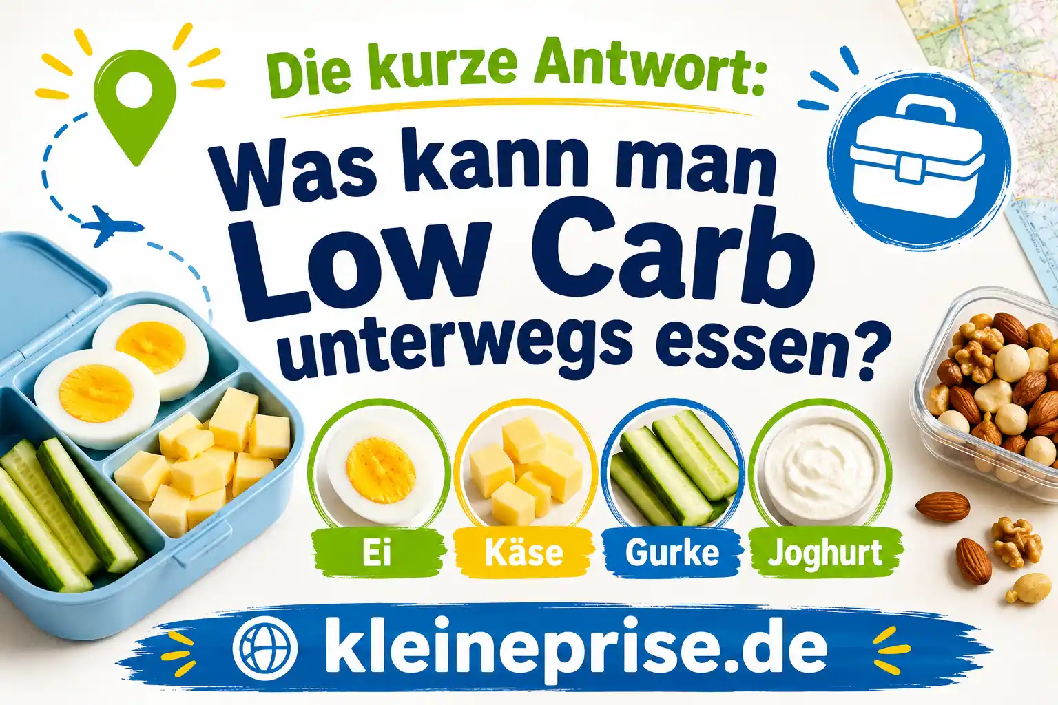Was kann man Low Carb unterwegs essen Infografik zur Frage, was man Low Carb unterwegs essen kann mit Ei, Käse, Gurke, Joghurt und Lunchbox