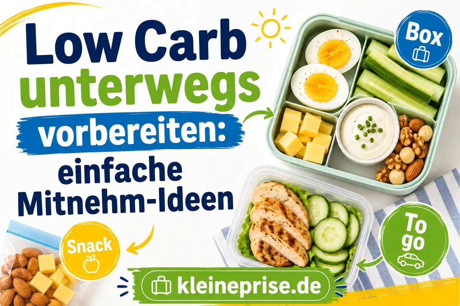 Low Carb unterwegs vorbereiten einfache Mitnehm-Ideen Infografik zu Low Carb unterwegs vorbereiten mit Lunchbox, gekochten Eiern, Gurke, Käse, Dip, Nüssen und Mitnehm-Ideen