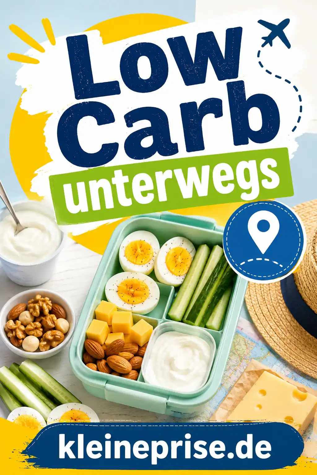 Low Carb unterwegs Pinterest Bild Pinterest Bild zu Low Carb unterwegs mit Mitnehm-Box, Eiern, Gurke, Käse, Joghurt, Nüssen und Reiseproviant