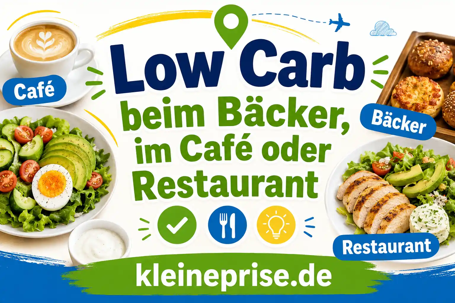 Low Carb beim Bäcker im Café oder Restaurant Infografik zu Low Carb beim Bäcker, im Café oder Restaurant mit Kaffee, Salat, Ei, Hähnchen, Avocado und Restaurant-Teller