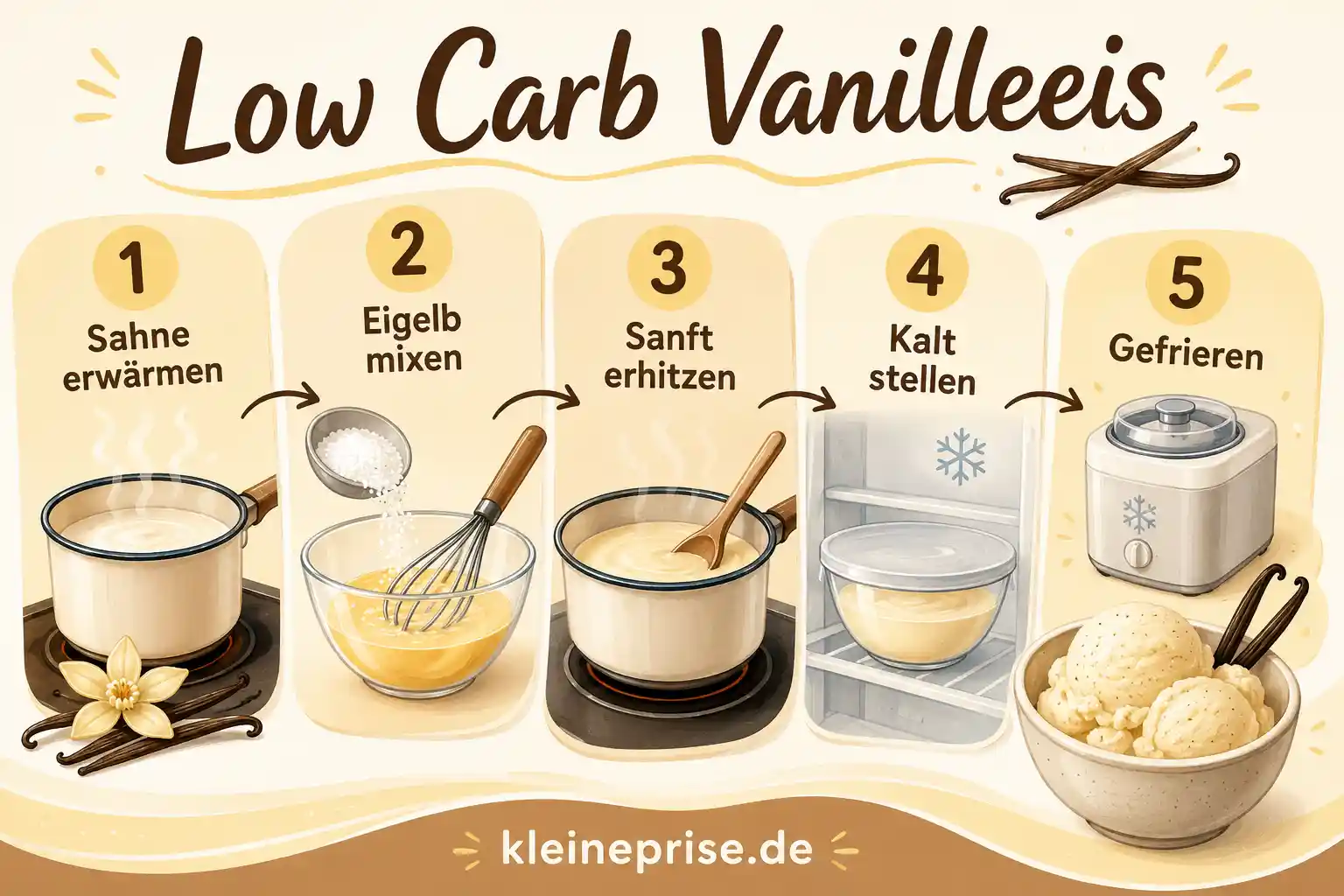 Low Carb Vanilleeis Schritt für Schritt Illustrierte Schritt für Schritt Anleitung für Low Carb Vanilleeis in fünf Schritten