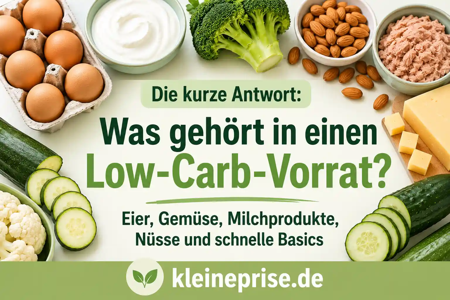 Die kurze Antwort – Was gehört in einen Low-Carb-Vorrat? Infografik zur Frage, was in einen Low-Carb-Vorrat gehört, mit Eiern, Gemüse, Milchprodukten, Nüssen, Thunfisch und Käse