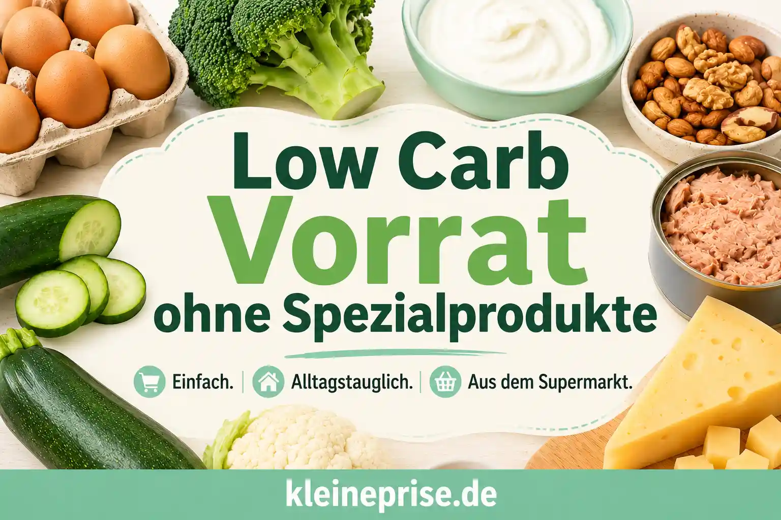 Low Carb Vorrat ohne Spezialprodukte Infografik zu Low Carb Vorrat ohne Spezialprodukte mit normalen Supermarkt-Lebensmitteln wie Eiern, Brokkoli, Quark, Nüssen, Thunfisch, Käse, Gurke und Zucchini