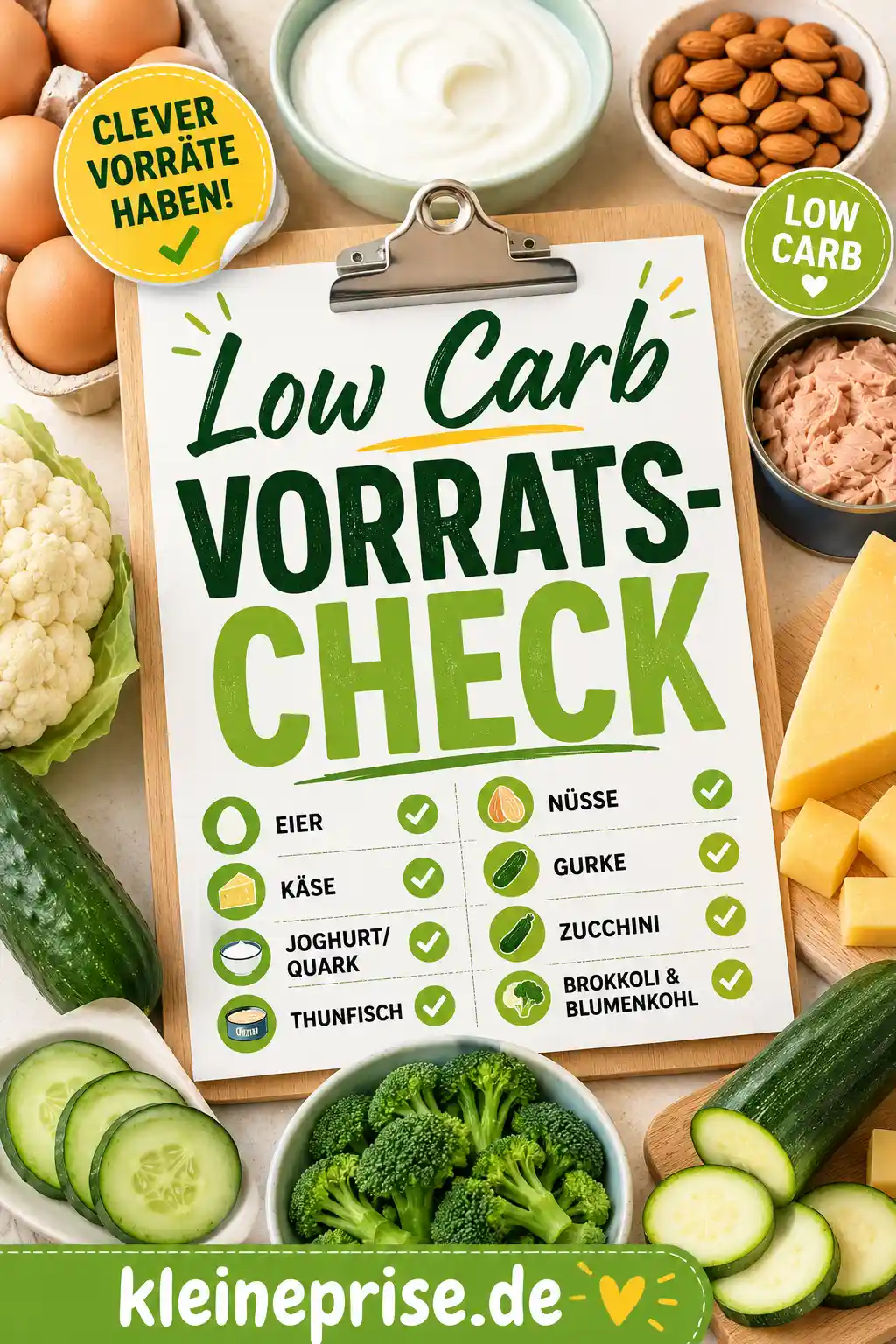 Low Carb Vorrats-Check – Pinterest Bild Pinterest-Grafik zum Low Carb Vorrats-Check mit großer Überschrift, Eiern, Brokkoli, Blumenkohl, Gurke, Zucchini, Quark, Nüssen, Thunfisch und Käse