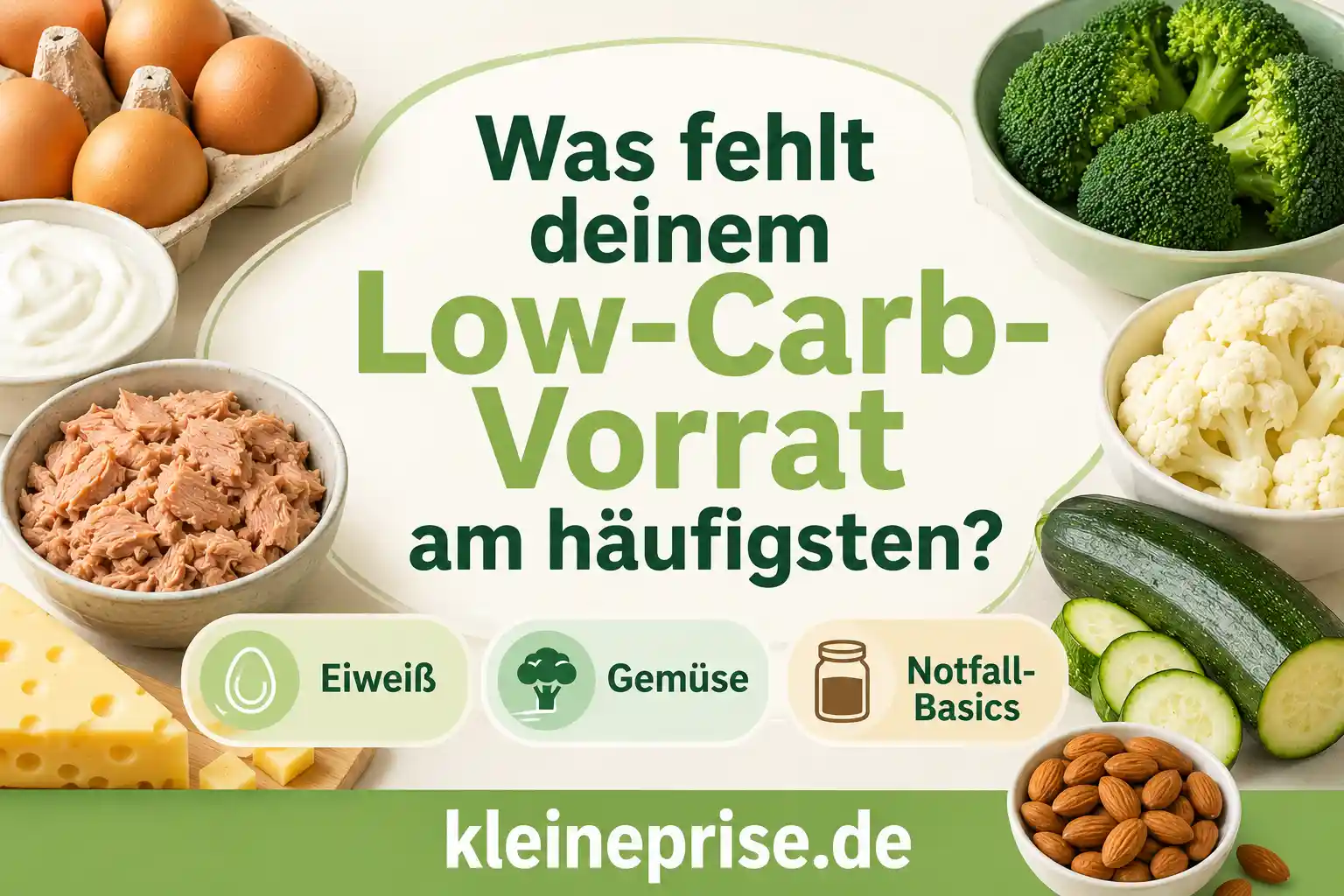 Was fehlt deinem Low-Carb-Vorrat am häufigsten? Infografik zu häufig fehlenden Bausteinen im Low-Carb-Vorrat mit Eiweiß, Gemüse, Notfall-Basics, Eiern, Brokkoli, Blumenkohl, Thunfisch und Nüssen