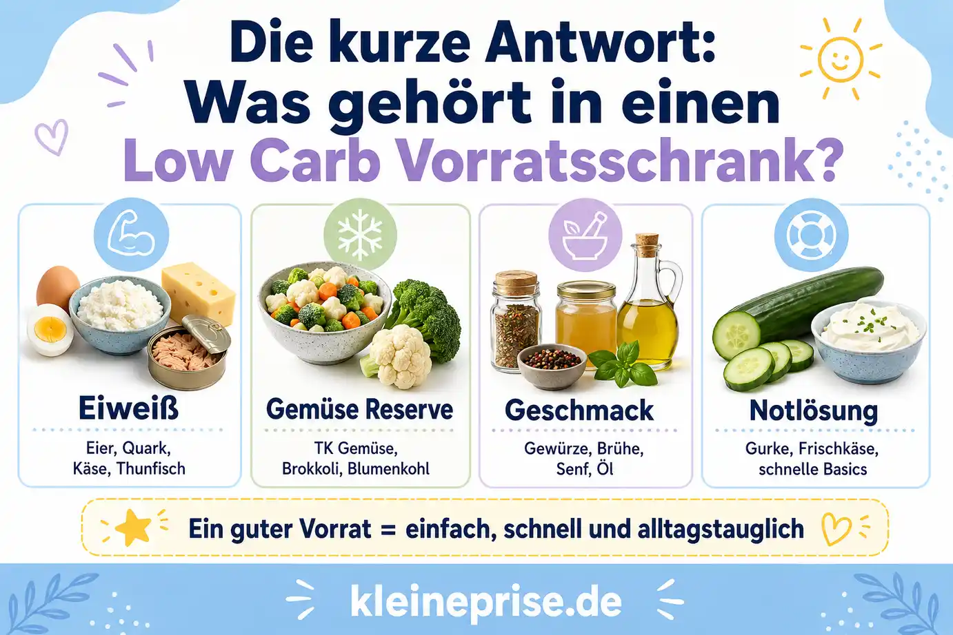 Was gehört in einen Low Carb Vorratsschrank Infografik zur Frage, was in einen Low Carb Vorratsschrank gehört mit Eiweiß, Gemüse Reserve, Geschmack und Notlösung