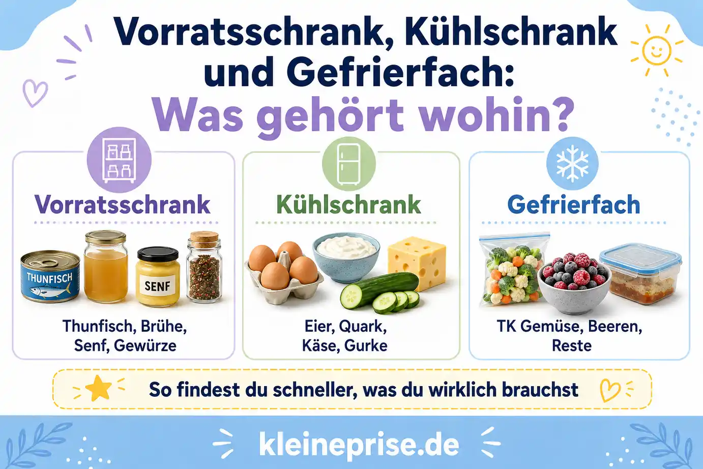 Vorratsschrank Kühlschrank und Gefrierfach für Low Carb Infografik zu Vorratsschrank, Kühlschrank und Gefrierfach mit Low-Carb-Zutaten wie Thunfisch, Eier, Quark, Käse, Gurke, TK-Gemüse und Reste