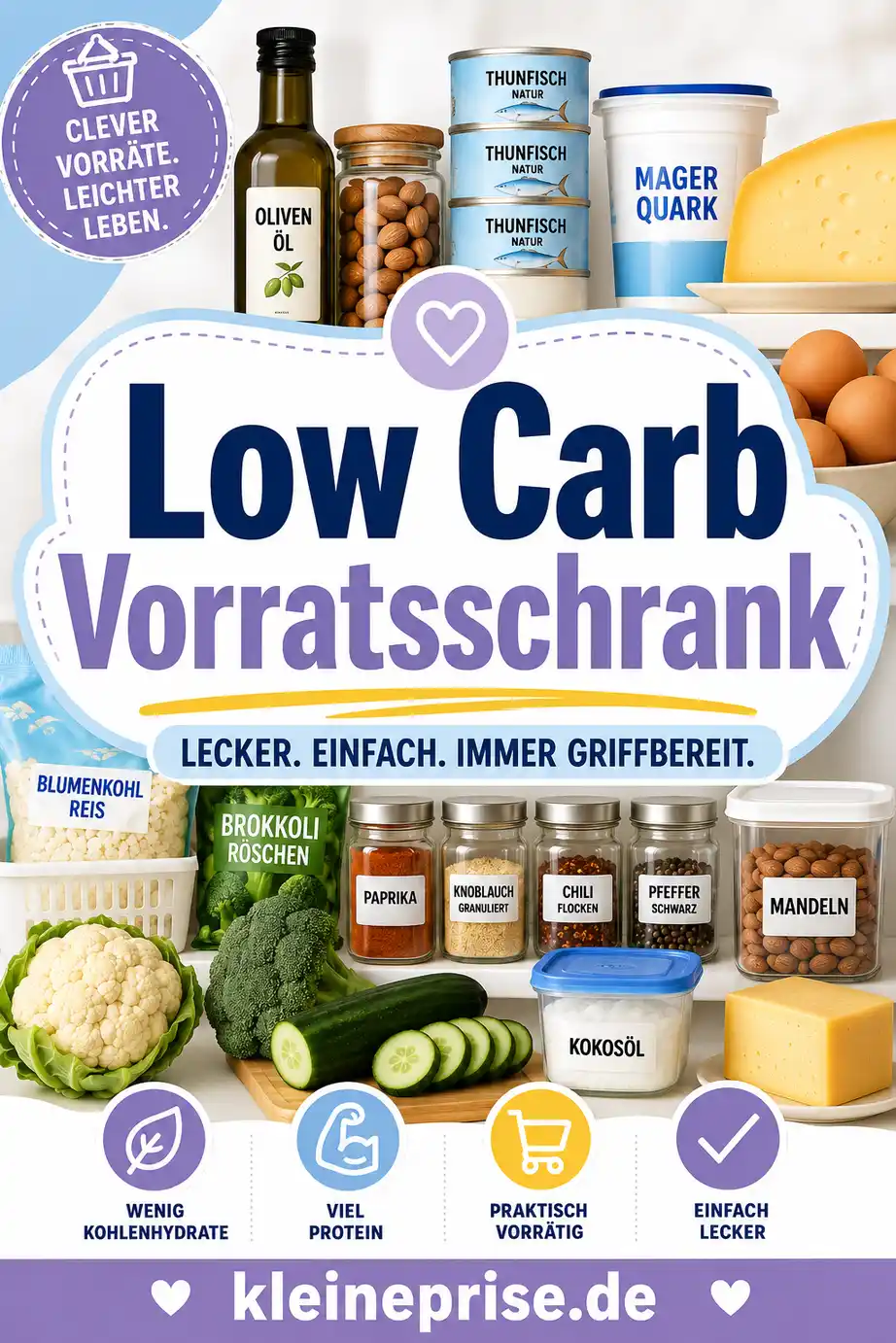 Low Carb Vorratsschrank Pinterest Bild Pinterest Bild zum Low Carb Vorratsschrank mit Vorräten wie Eier, Quark, Thunfisch, Käse, Gemüse, Gewürzen und TK-Gemüse