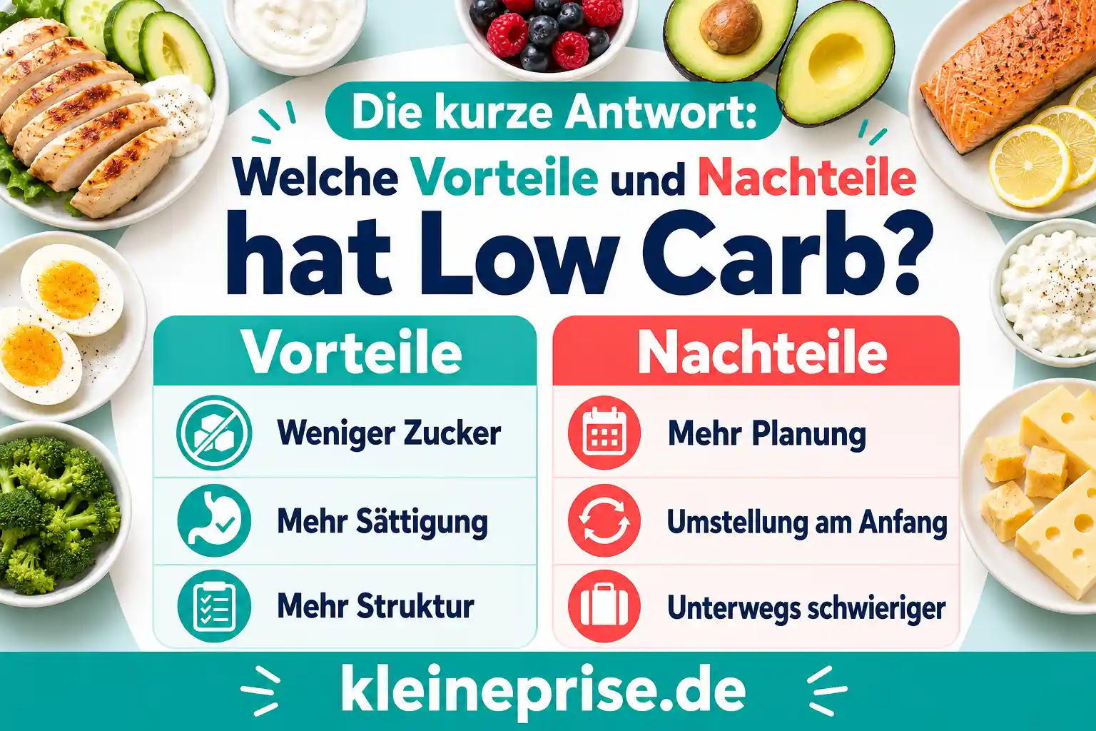 Die kurze Antwort: Welche Vorteile und Nachteile hat Low Carb? Infografik zur kurzen Antwort auf die Frage, welche Vorteile und Nachteile Low Carb hat.