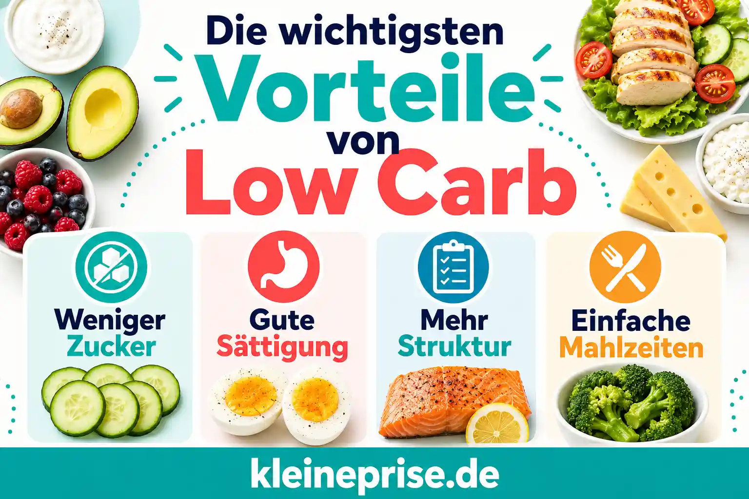 Die wichtigsten Vorteile von Low Carb Infografik zeigt die wichtigsten Vorteile von Low Carb mit kurzen Punkten wie weniger Zucker, gute Sättigung, mehr Struktur und einfache Mahlzeiten.